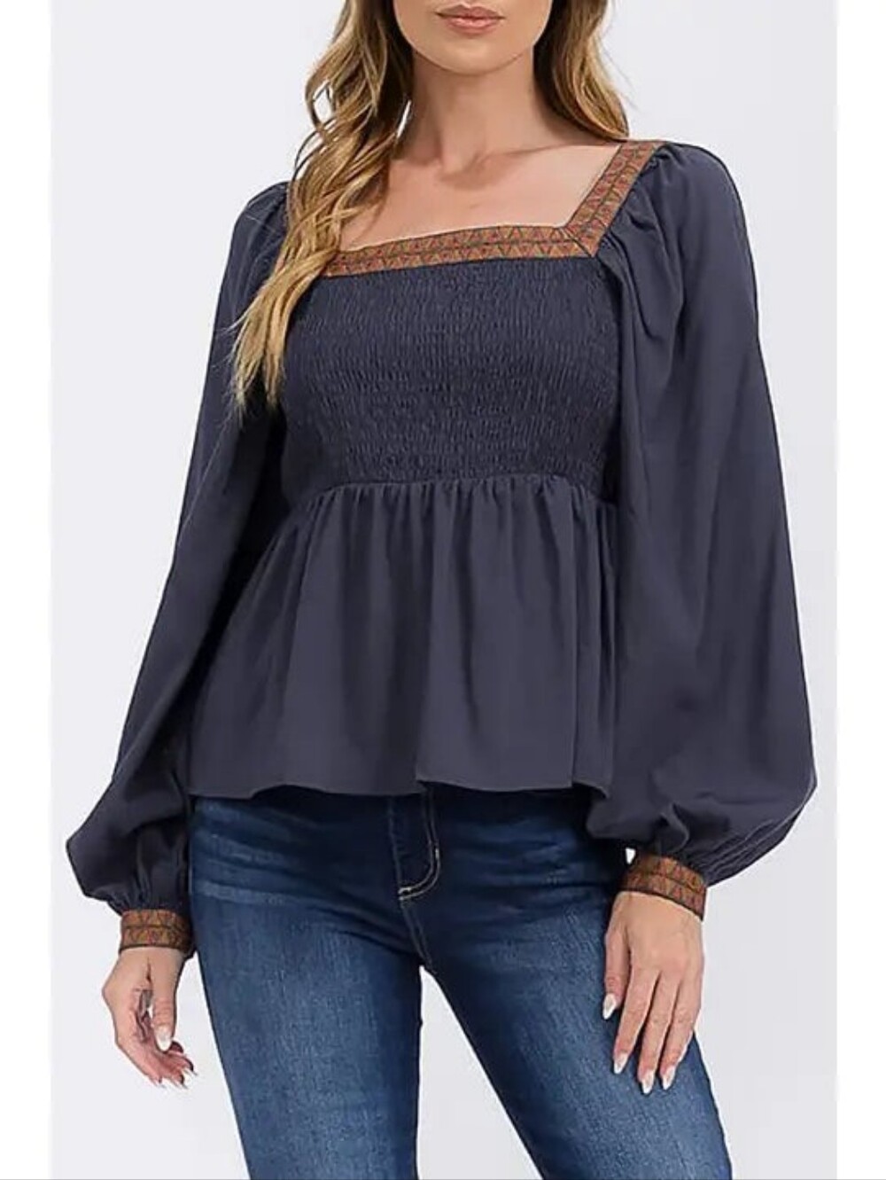 NWOT Strut & Bolt Large Square-Neck Smocked Peasant Top in Dark Navy with Trim